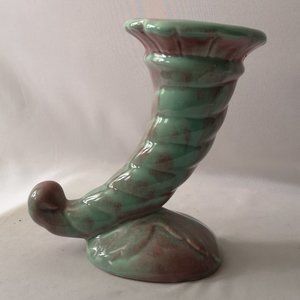 Vintage California West Coast Pottery Green & Pink Glaze Vase Cornucopia/ Shell